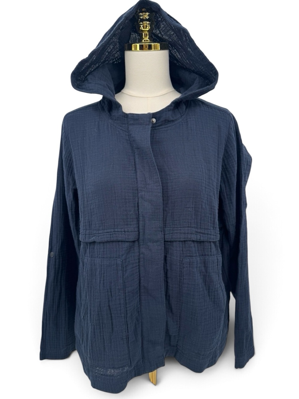 J Jill Hooded Cotton Gauze Jacket Women’s Blue Full Zip Lightweight Gauze